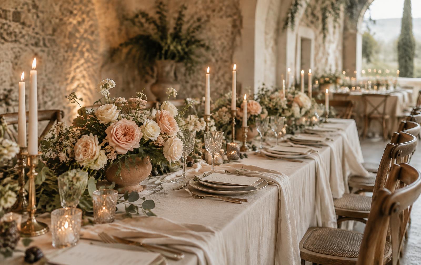 A candlelit reception table with garden roses